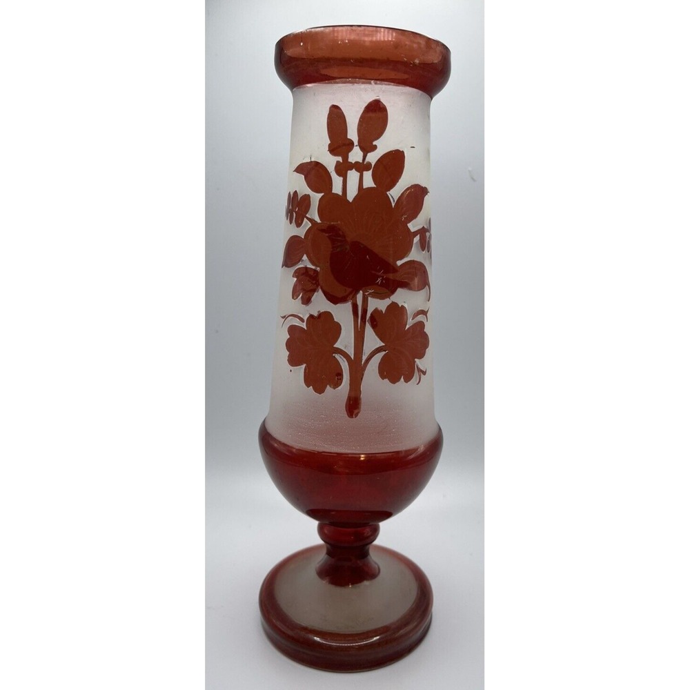 Blown Glass Art Vase - 8.75" Flashed Red Ruby, Bird & Floral Design ANTIQUE
